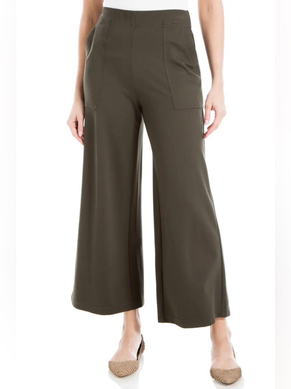 Max Studio Ponte Wide Leg Crop Pants Loden Green XL Pockets EUC